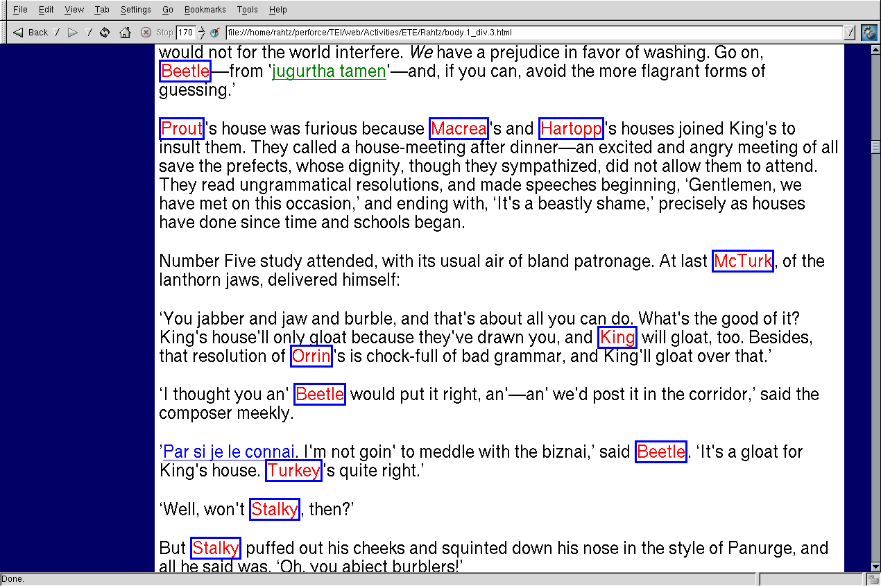 Web rendition of TEI document highlighting foreign words and names