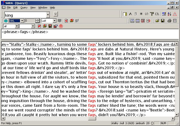 Xaira, word concordance showing XML markup