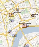 Conference venues map including KCL Strand Campus: location in relation to
                    the transport stations