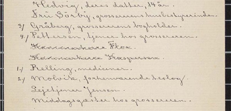 From The Wild Duck, Ms.4º 1115a. The National Library of Norway. Two pairs of lines in a cast list are marked for transposition with numbers in the left margin. Since Ibsen doesn’t reverse the order of each line pair, the numbering of each line is somewhat pedantic.